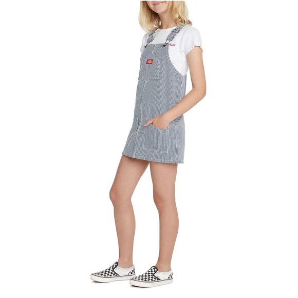 Dickies Hickory Striped Denim Jean Overalls Short Mini Navy Jumper Dress 14/16 L - Picture 1 of 7